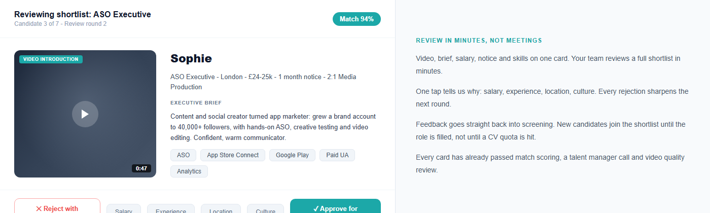 Swipe review with video and match scoring